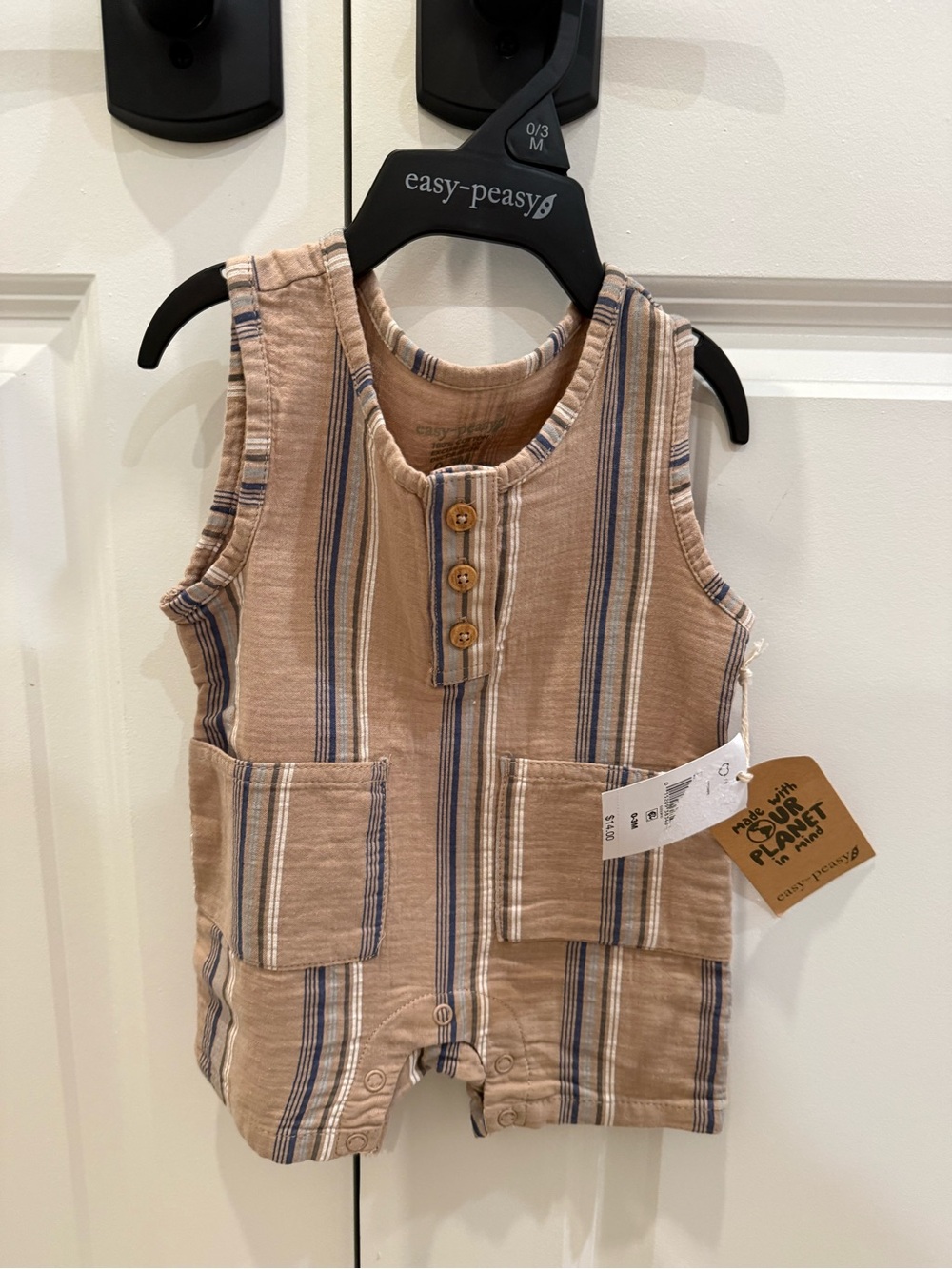 NWT Striped Tan & Blue Baby Romper Size 0-3M